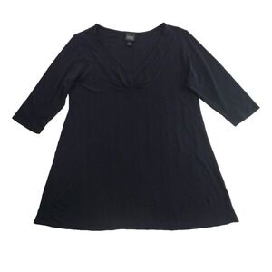 Eileen Fisher 100% Silk Draped Cowl-Neck 3/4 Sleeve Dress Size S Small Navy Blue